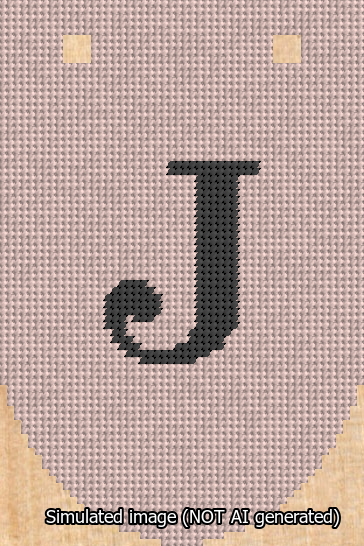 A simulated image of the stitched needlepoint design: Banner 13m Rounded J Black on Pink. Not A.I. generated.