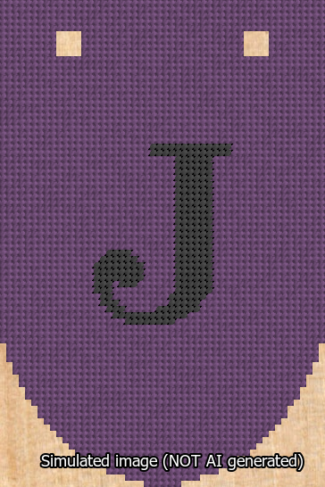 A simulated image of the stitched needlepoint design: Banner 13m Rounded J Black on Purple. Not A.I. generated.