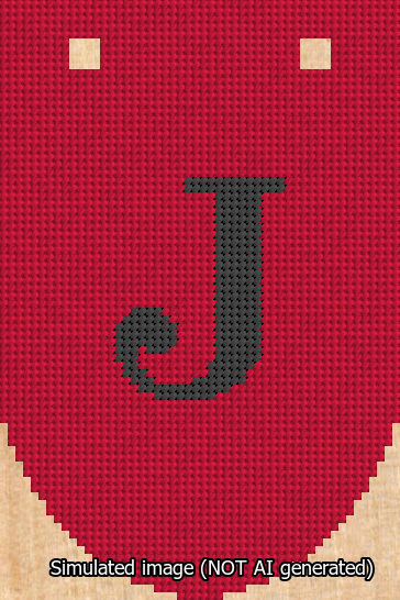 A simulated image of the stitched needlepoint design: Banner 13m Rounded J Black on Red. Not A.I. generated.