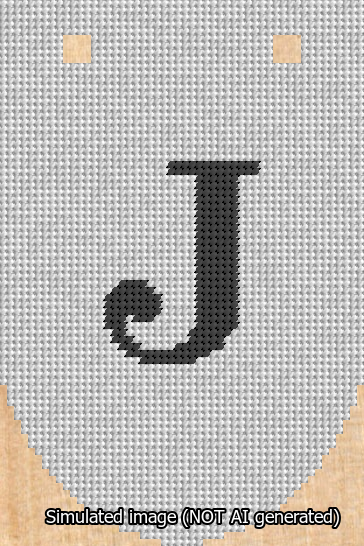 A simulated image of the stitched needlepoint design: Banner 13m Rounded J Black on White. Not A.I. generated.