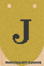 A simulated image of the stitched needlepoint design: Banner 13m Rounded J Black on Yellow. Not A.I. generated.