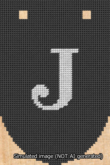 A simulated image of the stitched needlepoint design: Banner 13m Rounded J White on Black. Not A.I. generated.