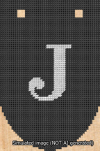 A simulated image of the stitched needlepoint design: Banner 13m Rounded J White on Black. Not A.I. generated.