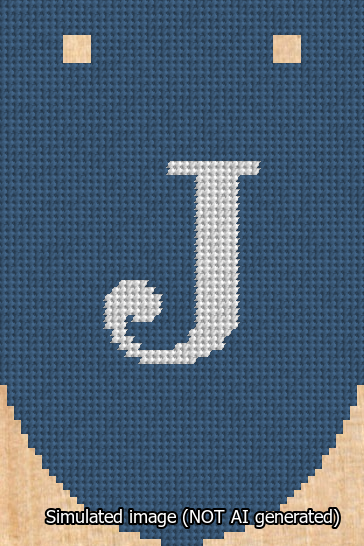 A simulated image of the stitched needlepoint design: Banner 13m Rounded J White on Blue. Not A.I. generated.