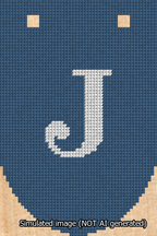 A simulated image of the stitched needlepoint design: Banner 13m Rounded J White on Blue. Not A.I. generated.