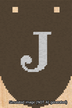 A simulated image of the stitched needlepoint design: Banner 13m Rounded J White on Brown. Not A.I. generated.