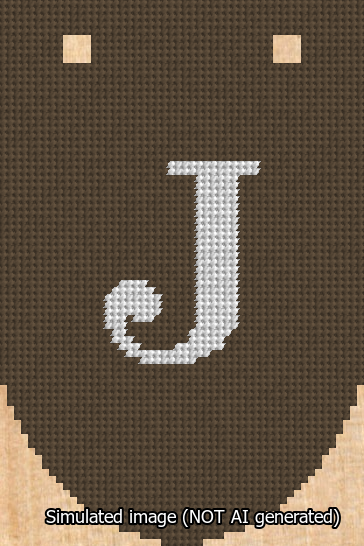 A simulated image of the stitched needlepoint design: Banner 13m Rounded J White on Brown. Not A.I. generated.