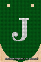 A simulated image of the stitched needlepoint design: Banner 13m Rounded J White on Green. Not A.I. generated.