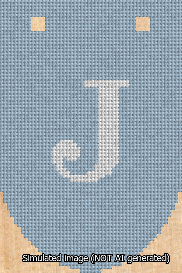 A simulated image of the stitched needlepoint design: Banner 13m Rounded J White on Light Blue. Not A.I. generated.