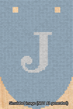 A simulated image of the stitched needlepoint design: Banner 13m Rounded J White on Light Blue. Not A.I. generated.