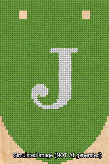 A simulated image of the stitched needlepoint design: Banner 13m Rounded J White on Light Green. Not A.I. generated.