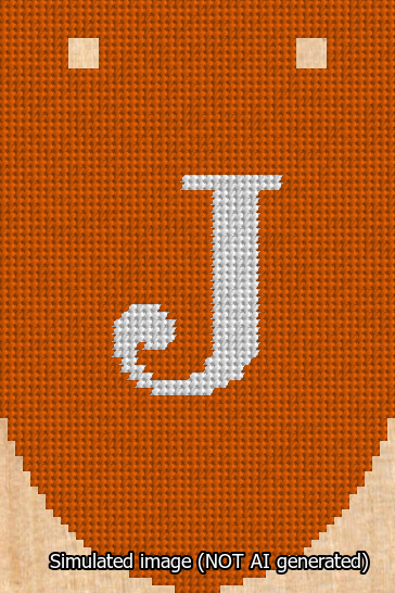 A simulated image of the stitched needlepoint design: Banner 13m Rounded J White on Orange. Not A.I. generated.