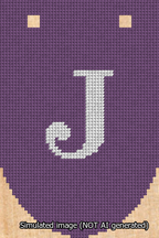 A simulated image of the stitched needlepoint design: Banner 13m Rounded J White on Purple. Not A.I. generated.