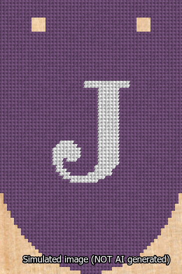 A simulated image of the stitched needlepoint design: Banner 13m Rounded J White on Purple. Not A.I. generated.