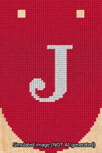 A simulated image of the stitched needlepoint design: Banner 13m Rounded J White on Red. Not A.I. generated.
