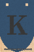 A simulated image of the stitched needlepoint design: Banner 13m Rounded K Black on Blue. Not A.I. generated.