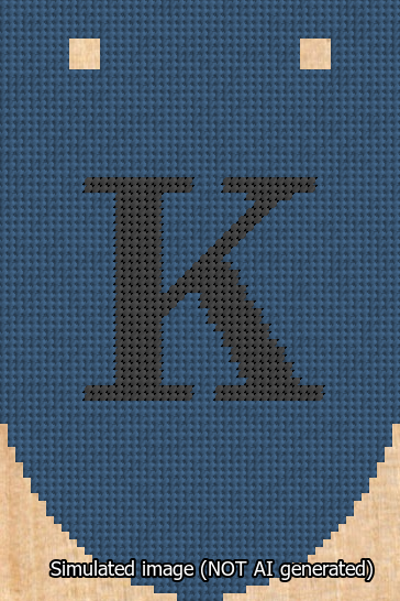 A simulated image of the stitched needlepoint design: Banner 13m Rounded K Black on Blue. Not A.I. generated.