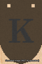 A simulated image of the stitched needlepoint design: Banner 13m Rounded K Black on Brown. Not A.I. generated.