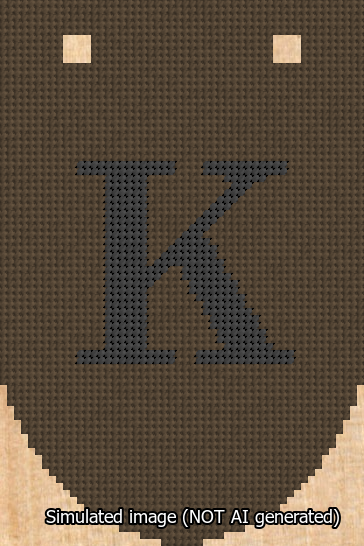 A simulated image of the stitched needlepoint design: Banner 13m Rounded K Black on Brown. Not A.I. generated.