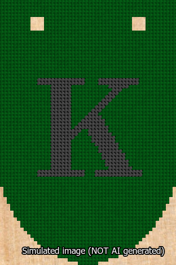 A simulated image of the stitched needlepoint design: Banner 13m Rounded K Black on Green. Not A.I. generated.