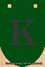 A simulated image of the stitched needlepoint design: Banner 13m Rounded K Black on Green. Not A.I. generated.