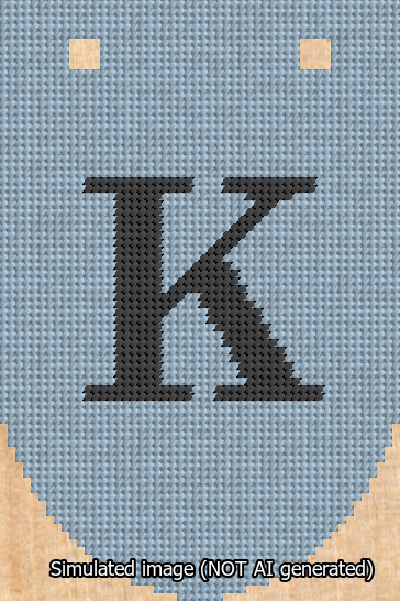 A simulated image of the stitched needlepoint design: Banner 13m Rounded K Black on Light Blue. Not A.I. generated.