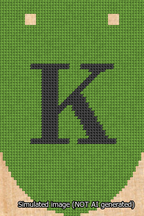 A simulated image of the stitched needlepoint design: Banner 13m Rounded K Black on Light Green. Not A.I. generated.