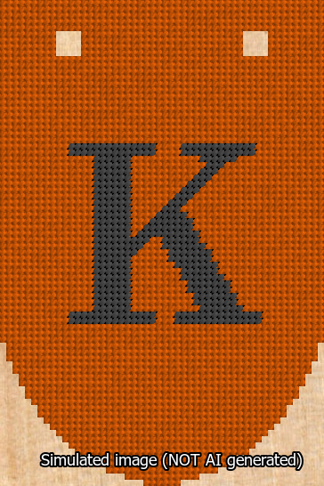 A simulated image of the stitched needlepoint design: Banner 13m Rounded K Black on Orange. Not A.I. generated.