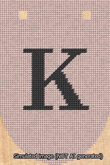 A simulated image of the stitched needlepoint design: Banner 13m Rounded K Black on Pink. Not A.I. generated.