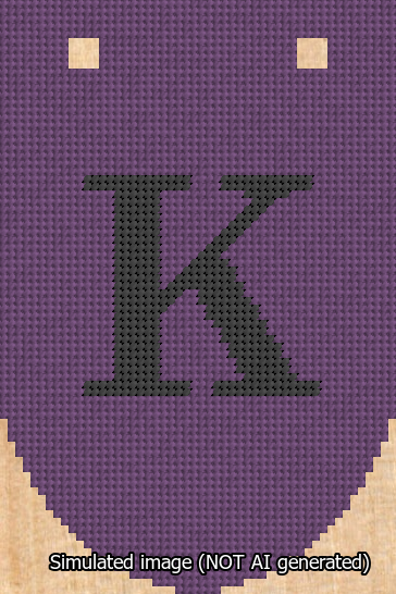 A simulated image of the stitched needlepoint design: Banner 13m Rounded K Black on Purple. Not A.I. generated.