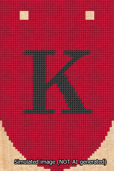 A simulated image of the stitched needlepoint design: Banner 13m Rounded K Black on Red. Not A.I. generated.
