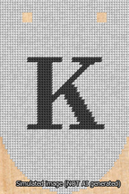 A simulated image of the stitched needlepoint design: Banner 13m Rounded K Black on White. Not A.I. generated.