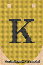 A simulated image of the stitched needlepoint design: Banner 13m Rounded K Black on Yellow. Not A.I. generated.