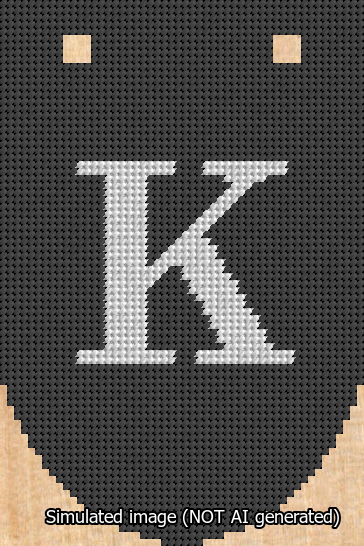 A simulated image of the stitched needlepoint design: Banner 13m Rounded K White on Black. Not A.I. generated.