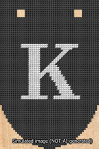 A simulated image of the stitched needlepoint design: Banner 13m Rounded K White on Black. Not A.I. generated.