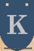 A simulated image of the stitched needlepoint design: Banner 13m Rounded K White on Blue. Not A.I. generated.