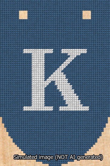 A simulated image of the stitched needlepoint design: Banner 13m Rounded K White on Blue. Not A.I. generated.