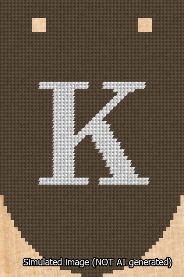 A simulated image of the stitched needlepoint design: Banner 13m Rounded K White on Brown. Not A.I. generated.