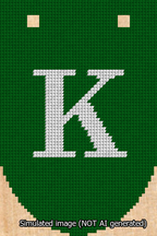 A simulated image of the stitched needlepoint design: Banner 13m Rounded K White on Green. Not A.I. generated.