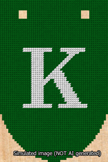 A simulated image of the stitched needlepoint design: Banner 13m Rounded K White on Green. Not A.I. generated.