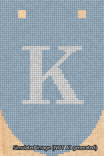 A simulated image of the stitched needlepoint design: Banner 13m Rounded K White on Light Blue. Not A.I. generated.