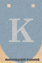 A simulated image of the stitched needlepoint design: Banner 13m Rounded K White on Light Blue. Not A.I. generated.