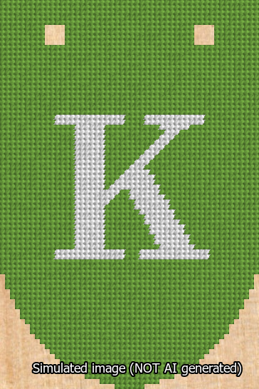 A simulated image of the stitched needlepoint design: Banner 13m Rounded K White on Light Green. Not A.I. generated.