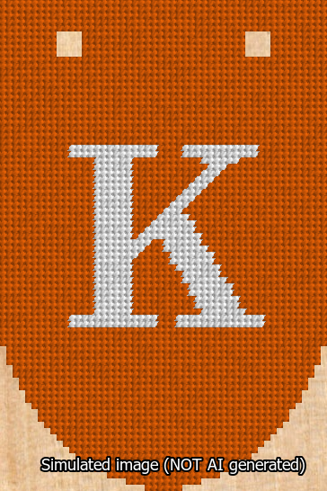 A simulated image of the stitched needlepoint design: Banner 13m Rounded K White on Orange. Not A.I. generated.