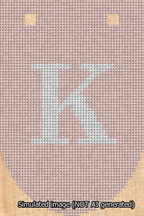 A simulated image of the stitched needlepoint design: Banner 13m Rounded K White on Pink. Not A.I. generated.