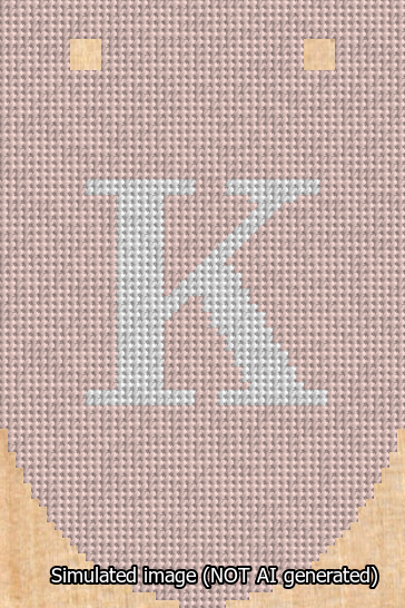A simulated image of the stitched needlepoint design: Banner 13m Rounded K White on Pink. Not A.I. generated.
