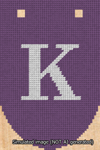 A simulated image of the stitched needlepoint design: Banner 13m Rounded K White on Purple. Not A.I. generated.