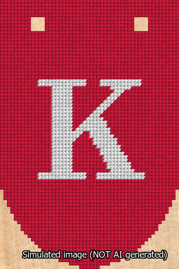 A simulated image of the stitched needlepoint design: Banner 13m Rounded K White on Red. Not A.I. generated.