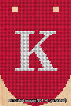 A simulated image of the stitched needlepoint design: Banner 13m Rounded K White on Red. Not A.I. generated.