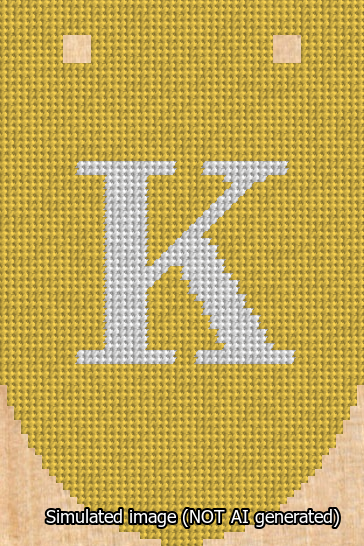 A simulated image of the stitched needlepoint design: Banner 13m Rounded K White on Yellow. Not A.I. generated.